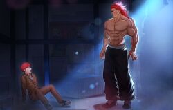  2boys abs absurdres among_us are_you_my_master artoria_pendragon_(all) artoria_pendragon_(fate) black_pants brown_jacket brown_pants commission crossover fate/stay_night fate_(series) grappler_baki hanma_yujiro highres indoors jacket kowai_(iamkowai) large_pectorals long_hair looking_at_another male_focus multiple_boys muscular muscular_male navel neco-arc nipples open_mouth pants pectorals red_(among_us) red_hair saber_(fate) short_hair smile teeth topless_male tsukihime 
