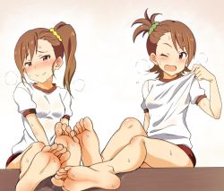 2girls asymmetrical_bangs barefoot blouse blush brown_hair feet feet_together foot_focus futami_ami futami_mami gym_uniform head_tilt idolmaster idolmaster_(classic) long_hair looking_at_viewer multiple_girls no.gomensu one_eye_closed open_mouth red_eyes shirt short_hair siblings side_ponytail sisters sitting smell smile soles steam sweat toes twins white_shirt rating:Questionable score:95 user:ssfl