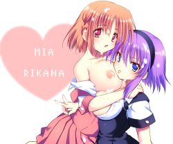  2girls :d bad_id bad_pixiv_id black_hairband blue_eyes braid breasts breasts_out buttons character_name dress fukai_ni_nemuru_oujo_no_abaddon hairband heart large_breasts looking_at_viewer mizuishi_rikana multiple_girls nanami_neru nipples open_clothes open_mouth orange_hair pink_dress pink_eyes pleated_dress pulque purple_hair short_hair short_sleeves smile suggestive_fluid suzumori_mia unbuttoned yuri 