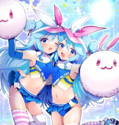  2girls blue_eyes blue_hair blue_panties blue_skirt blue_sleeves blush breasts cheerleader cowboy_shot dodotsuki dot_nose highres light_blue_hair loli long_hair looking_at_viewer multiple_girls navel near_(sound_voltex) noah_(sound_voltex) one_eye_closed open_mouth panties pink_ribbon pink_thighhighs pom_pom_(cheerleading) ribbon roller_skates siblings side-by-side sisters skates skirt small_breasts smile sound_voltex standing stomach striped_clothes striped_thighhighs thighhighs twins underwear very_long_hair white_ribbon white_thighhighs 