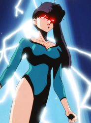  1990s_(style) 1girl angry bare_legs black_hair blue_eyes breasts cleavage clenched_hands green_leotard kunou_kodachi leotard long_hair ponytail ranma_1/2 retro_artstyle screencap serious shaded_face shiny_skin side_ponytail solo third-party_edit weapon wide_hips 