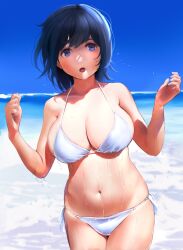  1girl bikini blue_eyes blue_hair breasts cleavage commentary_request dark_blue_hair halterneck highres kantai_collection large_breasts navel ocean open_mouth outdoors short_hair side-tie_bikini_bottom solo souryuu_(kancolle) swimsuit wa_(genryusui) wet white_bikini 
