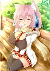  1girl animal_ears bench black_thighhighs blush breasts breath can cat_ears coat covered_erect_nipples closed_eyes fang hair_ribbon huge_breasts necktie original pink_hair ribbon scarf shia_flatpaddy shirt short_hair sitting skirt smile solo syroh taut_clothes taut_shirt thighhighs v_arms  rating:Questionable score:89 user:danbooru
