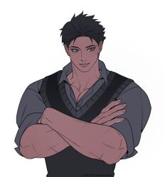 1boy bad_tag bara collared_shirt crossed_arms dark-skinned_male dark_skin eyeshadow looking_to_the_side makeup male_focus multiple_scars muscular muscular_male original pectoral_cleavage pectorals scar shirt short_hair solo thick_eyebrows tsurime upper_body yotti 