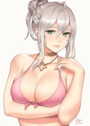 1girl ahoge bikini breasts choker cleavage collarbone commentary effie_(fire_emblem) english_commentary fire_emblem fire_emblem_fates fire_emblem_heroes green_eyes hair_between_eyes highres jewelry large_breasts looking_at_viewer necklace nintendo pink_bikini sciamano240 signature silver_hair simple_background solo summer swimsuit upper_body white_background rating:Questionable score:137 user:danbooru