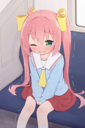  1girl ahoge ayanepuna between_legs blue_shirt blush bow collared_shirt commentary_request feet_out_of_frame green_eyes hair_between_eyes hair_bow hand_between_legs have_to_pee highres long_hair long_sleeves nose_blush one_eye_closed original parted_lips pink_hair pleated_skirt puffy_long_sleeves puffy_sleeves red_skirt shirt sitting skirt sleeves_past_wrists socks solo tears train_interior trembling twintails very_long_hair wavy_mouth white_socks window yellow_bow 