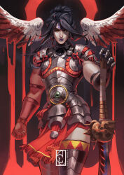  1girl ambiguous_red_liquid angel_wings arm_at_side armor armored_skirt black_background blcackup blood bloody_wings breastplate clenched_hand closed_mouth cuirass cuisses detached_wings facial_mark feathered_wings feet_out_of_frame forehead_mark gauntlets hades_(series) hades_2 hair_bun highres holding holding_weapon looking_ahead looking_at_viewer loose_hair_strand muscular muscular_female nemesis_(hades) ouroridae pale_skin pauldrons pelvic_curtain planted planted_sword planted_weapon purple_lips shoulder_armor single_gauntlet single_vambrace solo standing sword vambraces weapon wings yellow_eyes 