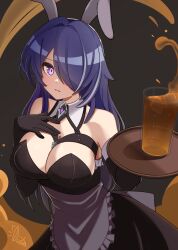  1girl acheron_(honkai:_star_rail) alternate_costume animal_ears apron artist_logo bare_shoulders black_dress black_gloves black_sleeves breasts cleavage collar commentary criss-cross_halter cup detached_sleeves diamond-shaped_pupils diamond_(shape) dress elbow_gloves english_commentary enmaided fake_animal_ears gloves hair_over_one_eye halterneck hand_on_own_chest highres holding holding_tray honkai:_star_rail honkai_(series) ice ice_cube juice large_breasts long_hair looking_at_viewer maid maid_apron multicolored_hair oida-sama_(artist) purple_eyes purple_hair rabbit_ears signature smile solo streaked_hair symbol-shaped_pupils tray white_collar 