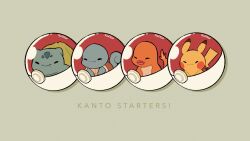  :3 :d bulbasaur charmander chibi closed_eyes closed_mouth commentary creatures_(company) english_commentary facing_another fang fang_out flame-tipped_tail game_freak gen_1_pokemon grey_background highres in_poke_ball lineup nintendo no_humans open_mouth pikachu poke_ball pokemon pokemon_(creature) simple_background smile squirtle starter_pokemon_trio teletelo 