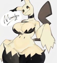  1girl black_breasts black_eyes black_legs breasts collar colored_skin creatures_(company) female_focus furry furry_female game_freak gen_7_pokemon high_heels large_breasts mimikyu nintendo pale_yellow_skin pokemon pokemon_(creature) red_cheeks shading signature simple_background smile solo standing tail text_focus thick_thighs thighs togetoge white_background wide_hips yellow_skin  rating:Questionable score:7 user:dglssssgjn@gmail.com