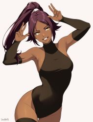 1girl absurdres artist_name bare_shoulders black_sleeves black_thighhighs bleach breasts commentary contrapposto covered_navel dark-skinned_female dark_skin detached_sleeves double_v english_commentary hands_up highres large_breasts long_hair looking_at_viewer parted_bangs ponytail purple_hair shihouin_yoruichi sideboob sleeveless_turtleneck_leotard smile solo stayaliveplz thigh_gap thighhighs thighs toned v white_background yellow_eyes 