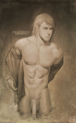  1boy abs art_of_neight facial_hair highres jean_kirstein male_focus monochrome open_clothes open_shirt penis sepia shingeki_no_kyojin solo solo_focus standing  rating:Explicit score:10 user:Itachiswife