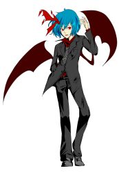 1girl alternate_costume androgynous bad_id bad_pixiv_id bat_wings blue_hair female_focus formal ghost_in_the_shell ghost_in_the_shell_stand_alone_complex h-a-b_(psycho) highres necktie pant_suit pants parody psycho_(h-a-b) red_eyes remilia_scarlet ribbon solo suit touhou wings rating:Sensitive score:4 user:danbooru