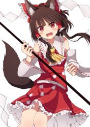 1girl :d animal_ear_fluff animal_ears bow brown_hair detached_sleeves fangs frilled_skirt frills gohei hair_bow hair_tubes hakurei_reimu highres kemonomimi_mode long_hair open_mouth paw_print red_eyes ribbon-trimmed_sleeves ribbon_trim simple_background skirt smile tail tksand touhou v-shaped_eyebrows vest white_background wide_sleeves wily_beast_and_weakest_creature wolf_ears wolf_tail rating:Sensitive score:14 user:danbooru
