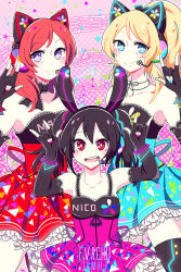  3girls \m/ animal_ears artist_name ayase_eli bare_shoulders bibi_(love_live!) black_gloves black_hair blonde_hair blue_eyes blue_nails bracelet bright_pupils character_name cheshire-kun choker closed_mouth commentary dot_nose double_\m/ dress elbow_gloves english_commentary fake_animal_ears fingerless_gloves fingernails gloves headset jewelry long_hair looking_at_viewer love_live! love_live!_school_idol_project multiple_girls musical_note nico_nico_nii nishikino_maki open_mouth pink_background pink_hair pink_nails ponytail purple_eyes red_nails split_mouth spoken_musical_note star_(symbol) teeth triangle twintails upper_body upper_teeth_only white_pupils yazawa_nico 