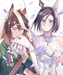  2girls absurdres aiguillette air_groove_(quercus_civilis)_(umamusume) air_groove_(umamusume) animal_ears ascot bare_shoulders blush bojue_(hakus_1128) breasts bridal_gauntlets brown_hair buttons cleavage commentary_request double-breasted dress ear_covers earrings falling_petals flower gloves green_jacket hair_between_eyes hair_ornament hand_grab highres horse_ears horse_girl jacket jewelry kiss kissing_hand lace large_breasts long_hair long_sleeves medal multicolored_hair multiple_girls official_alternate_costume parted_lips petals purple_eyes purple_flower purple_rose rose short_hair simple_background single_ear_cover single_earring sleeveless sleeveless_dress streaked_hair symboli_rudolf_(umamusume) umamusume upper_body white_ascot white_background white_dress white_gloves white_hair yuri 