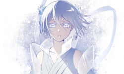  1girl bankai bare_shoulders bleach bleach:_sennen_kessen-hen bright_pupils collared_dress colored_eyelashes commentary double-parted_bangs dress expressionless floating_hair hair_between_eyes hair_ornament hakka_no_togame_(bankai) highres ice kuchiki_rukia looking_at_viewer parted_lips purple_eyes ribbon short_hair sidelighting simple_background solo sumire_1046 upper_body white_background white_dress white_hair white_ribbon 