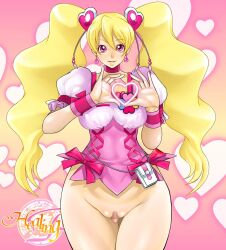  1girl blonde_hair breasts censored covered_erect_nipples cure_peach english_text female_focus fresh_precure! heart highres kechin_(oreteki18kin) large_breasts long_hair magical_girl momozono_love precure purple_eyes pussy smile source_request text_focus  rating:Explicit score:3 user:DarthDaniel96
