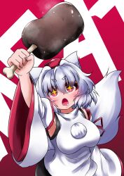  +_+ 1girl animal_ears arm_up armpits bare_shoulders black_skirt boned_meat breasts detached_sleeves drooling english_text food fuuren_udon hat holding holding_food inubashiri_momiji meat meat_day open_mouth red_background red_eyes short_hair skirt solo tail tokin_hat touhou white_hair white_sleeves wide_sleeves wolf_ears wolf_girl wolf_tail 