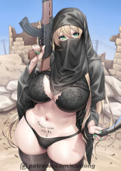  1girl assault_rifle black_bra black_thighhighs blonde_hair blue_sky bra breasts chinese_commentary cowboy_shot destruction goddess_of_victory:_nikke green_eyes green_nails gun hair_between_eyes highres hijab holding holding_gun holding_weapon kalashnikov_rifle large_breasts looking_at_viewer magazine_(weapon) mask meme naidong_(artist) nail_polish outdoors patreon_username rifle rubble rupee_(nikke) selfie selfie_stick shell_casing skindentation sky solo thick_thighs thighhighs thighs trigger_discipline underwear utility_pole veil weapon  rating:Questionable score:145 user:POLTATO