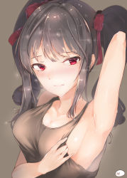 10s 1girl absurdres arm_up armpits arms_up bad_anatomy bad_id bad_pixiv_id bad_proportions blush breasts brown_background cleavage closed_mouth drill_hair eyebrows eyelashes hair_ribbon highres hplay idolmaster idolmaster_cinderella_girls kanzaki_ranko large_breasts long_hair looking_to_the_side poorly_drawn presenting_armpit red_eyes red_ribbon ribbon shiny_skin sideboob sidelocks silver_hair simple_background solo sweat tank_top twin_drills twintails upper_body wet wet_hair rating:Sensitive score:41 user:danbooru