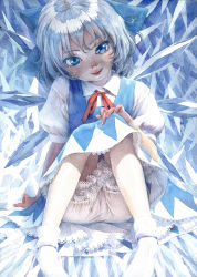  1girl bloomers blue_bow blue_dress blue_eyes blue_hair blush bow cirno collar collared_dress crystal dress eyelashes fairy female_focus fingernails frilled_dress frills hair_bow hand_on_own_knee highres ice ice_wings lips looking_at_viewer messy_hair misawa_hiroshi necktie pinafore_dress presenting puffy_sleeves red_necktie shirt short_hair short_sleeves sitting sleeveless_dress smile socks solo touhou underwear upskirt wings  rating:Questionable score:15 user:Kontage