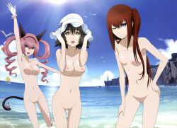  3girls absurdres akiha_rumiho armpits barefoot beach black_hair blue_eyes breasts brown_hair cleavage cleft_of_venus cloud completely_nude day faris_nyannyan green_eyes hairband hand_on_own_hip hat hat_tug highres large_breasts long_hair makise_kurisu medium_breasts multiple_girls navel nipples nude nude_filter ocean one_eye_closed one_side_up open_mouth outdoors pink_eyes pink_hair ponytail pussy scan shiina_mayuri sky small_breasts steins;gate sunlight third-party_edit twintails very_long_hair water wink  rating:Explicit score:34 user:shelly69