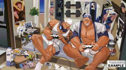 2boys ainu_clothes bamashengze bara bare_pectorals bedroom blush character_print clenched_teeth dakimakura_(object) dark-skinned_male dark_skin dumbbell facial_hair facing_ahead fate/grand_order fate_(series) feet feet_up figure goatee handheld_game_console headband headphones headphones_around_neck highres holding holding_handheld_game_console indie_virtual_youtuber iskandar_(fate) large_pectorals laurel_crown looking_at_bulge looking_at_crotch male_focus mature_male milk_carton multiple_boys muscular muscular_male naruto_(series) naruto_shippuuden otaku pectorals pillow playing_games poster_(object) rai_bolim revision sarutobi_asuma self_character_print short_hair shorts sitting soles sparse_leg_hair sweat table tank_top teeth thick_eyebrows thick_thighs thighs virtual_youtuber white_shorts white_tank_top yaoi