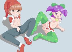  2girls absurdres blush bow breasts byme female_focus fingernails full_body grin hat heart heart-shaped_pupils highres jas_(stardew_valley) leggings loli long_hair looking_at_viewer lying morgan_(stardew_valley) multiple_girls nail_polish open_mouth purple_nails pussy pussy_juice red_nails saliva santa_costume santa_hat short_hair small_breasts smile spread_legs spread_pussy stardew_valley symbol-shaped_pupils teeth thighhighs tongue topless twintails  rating:Explicit score:71 user:Ongyo-Ki
