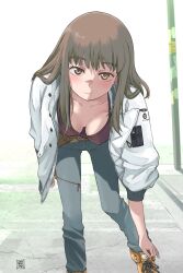 1girl boots breasts brown_eyes buckle buttons collarbone commentary_request covered_erect_nipples downblouse highres holster jacket kikumaru_bunta kiruko_(tengoku_daimakyou) leaning_forward long_hair looking_at_viewer medium_breasts military_jacket no_bra open_clothes open_jacket outdoors pants shoelaces smile solo tengoku_daimakyou united_states_air_force white_jacket zipper rating:Sensitive score:56 user:danbooru