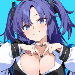  1girl black_halo black_nails blue_archive blue_background blue_eyes blue_hair blush breasts cleavage commentary halo heart heart_hands highres jacket large_breasts long_hair long_sleeves looking_at_viewer nail_polish simple_background smile solo two_side_up upper_body white_jacket xiaoxiao_de_kuangsan yuuka_(blue_archive) 