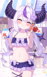  1girl :t ^_^ absurdres ahoge bare_arms bare_shoulders bikini blurry blurry_background blush breasts candy_apple closed_eyes closed_mouth collarbone commentary_request cup demon_horns depth_of_field disposable_cup eating facing_viewer flower food grey_hair hair_between_eyes hair_flower hair_ornament hairclip highres holding holding_cup holding_food hololive horns hot_dog kooribata la+_darknesss long_hair low_twintails masaki_(msk064) multicolored_hair navel purple_bikini purple_flower purple_hair ringlets shaved_ice small_breasts solo streaked_hair swimsuit twintails very_long_hair virtual_youtuber wavy_mouth  rating:Sensitive score:9 user:danbooru