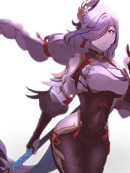  1girl bodysuit braid breasts covered_navel cowboy_shot fingerless_gloves genshin_impact gloves hair_ornament hair_over_one_eye highres hip_vent holding holding_weapon looking_at_viewer meguri0n polearm shenhe_(genshin_impact) simple_background solo spear weapon white_background white_hair 