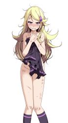 1girl ace_trainer_(pokemon) areola_slip astrid_(pokemon) blonde_hair blush covering_privates creatures_(company) crying game_freak highres long_hair nintendo nude_cover pokemon pokemon_xy simple_background solo tearing_up tears torn_clothes tsukishiro_saika rating:Questionable score:83 user:Yavie