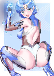  1girl absurdres arion_canvas ass bishoujo_senshi_sailor_moon blue_hair bodysuit breasts bubble gloves green_eyes highres impossible_clothes impossible_leotard large_breasts leotard looking_at_viewer looking_back magical_girl mizuno_ami sailor_mercury short_hair skin_tight smile solo taimanin_(series) taimanin_suit wide_hips  rating:Sensitive score:8 user:danbooru