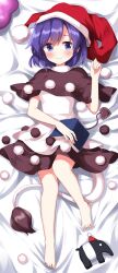  1girl bare_legs barefoot bed_sheet black_capelet black_dress blob blue_eyes blush book capelet closed_mouth doremy_sweet dress happy hat highres lying on_back on_bed pom_pom_(clothes) purple_hair red_hat ruu_(tksymkw) short_hair smile solo tail tapir tapir_tail toes touhou white_dress 
