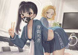  3girls absurdres all_fours black_eyes black_hair blonde_hair blue_archive blue_skirt blush breasts collarbone covered_mouth crop_top delinquent goback gun halo highres indoors long_hair long_sleeves looking_at_viewer mask mask_pull medium_breasts mouth_mask multiple_girls neckerchief side_ponytail skirt sukeban sukeban_(mg)_(blue_archive) sukeban_(smg)_(blue_archive) sukeban_(sr)_(blue_archive) television v weapon white_neckerchief yellow_eyes  rating:Sensitive score:63 user:danbooru