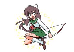  1girl :d bow bow_(weapon) breasts brown_footwear brown_hair chest_bow cosplay full_body furrowed_brow green_sailor_collar green_skirt hair_bow hand_up heart higurashi_kagome higurashi_kagome_(cosplay) holding holding_bow_(weapon) holding_weapon inuyasha kneehighs kuonji_ukyou legs long_hair miniskirt navel navel_peek open_mouth pleated_skirt quiver ranma_1/2 red_bow sailor_collar school_uniform skirt small_breasts smile socks sparkle_background wanta_(futoshi) weapon white_background white_bow white_socks 
