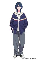  1girl alternate_costume black_nails blue_eyes blue_hair blue_jacket closed_mouth converse copyright_notice denim earclip hands_in_pockets highres hiodoshi_ao hololive hololive_dev_is jacket jeans jewelry medium_hair mole mole_under_mouth multiple_necklaces necklace official_art oversized_clothes pants shirt shoes simple_background sneakers solo standing straight-on ut_66 virtual_youtuber white_background white_shirt 