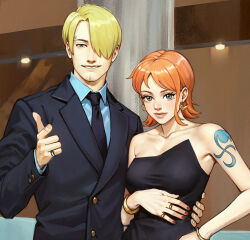  1boy 1girl adelheid_(moschiola) alternate_costume arm_tattoo bare_shoulders black_dress black_necktie blonde_hair blue_eyes bracelet closed_mouth commentary curly_eyebrows dress earrings english_commentary formal hair_over_one_eye jewelry long_sleeves looking_at_viewer nail_polish nami_(one_piece) necktie off-shoulder_dress off_shoulder one_eye_covered one_piece orange_hair pink_nails ring sanji_(one_piece) short_hair smile suit tattoo teeth 