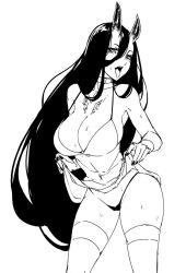 10s 1girl abyssal_ship battleship_princess black_hair black_nails breasts choker cleavage clothes_lift dress dress_lift eu03 fingernails greyscale hair_between_eyes horns kantai_collection large_breasts long_hair monochrome nail_polish open_mouth panties short_dress simple_background sketch skin-covered_horns solo spaghetti_strap thigh_strap tongue tongue_out underwear very_long_hair white_background rating:Questionable score:53 user:danbooru