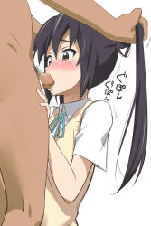 00s 1girl black_hair blush censored clothed_female_nude_male clothed_on_nude deepthroat fellatio forced grabbing_another&#039;s_hair irrumatio japanese_text k-on! long_hair male_pubic_hair mosaic_censoring nakano_azusa nude oral penis petite pubic_hair rape red_eyes school_uniform simple_background solo_focus tears twintails white_background youkan rating:Explicit score:484 user:danbooru