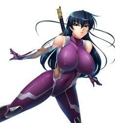  aqua_eyes bare_shoulders blue_hair bodysuit breasts commentary_request covered_collarbone covered_erect_nipples covered_navel elbow_gloves fishnets gloves highres igawa_asagi impossible_bodysuit impossible_clothes kagami_hirotaka large_breasts long_hair looking_at_viewer official_art parted_lips purple_bodysuit purple_gloves shiny_clothes simple_background skin_tight sleeveless solo sword taimanin_(series) taimanin_asagi thighhighs turtleneck weapon weapon_on_back white_background  rating:Sensitive score:92 user:danbooru