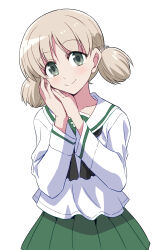 1girl aki_(girls_und_panzer) alternate_costume black_neckerchief blouse closed_mouth commentary girls_und_panzer green_eyes green_skirt hair_tie hands_on_own_face highres light_brown_hair long_sleeves looking_at_viewer low_twintails neckerchief ooarai_school_uniform own_hands_together pleated_skirt ponzu_rui sailor_collar school_uniform serafuku shirt short_hair short_twintails simple_background skirt smile solo standing twintails white_background white_sailor_collar white_shirt 