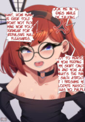  1girl angry blue_eyes blurry breasts bunalonne choker english_text from_above glasses hairband hand_on_own_hip looking_at_viewer nipple_slip nipples off-shoulder_shirt off_shoulder red_hair round_eyewear shirt short_hair small_breasts tagme watermark yari_stelood_(bunalonne)  rating:Explicit score:92 user:SmollyPoli