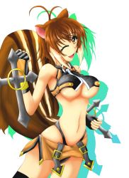  1girl ahoge animal_ears arc_system_works blazblue blazblue:_continuum_shift breasts brown_eyes brown_hair chipmunk cross female_focus gloves gradient_background large_breasts makoto_nanaya one_eye_closed open_mouth revealing_clothes short_hair skirt solo squirrel tail tonfa underboob weapon white_background wink  rating:Questionable score:12 user:Legatus_Legume