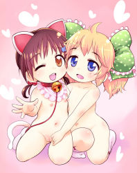 2girls animal_ears bell bib blush cat_ears cat_tail cleft_of_venus copyright_request fat_mons heart highres loli looking_at_viewer multiple_girls nipples no_panties nude one_eye_closed open_mouth ptisfood pussy shiny_skin tail uncensored rating:Explicit score:35 user:Domestic_Importer