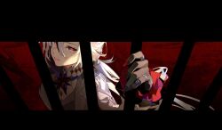 1girl arlecchino_(genshin_impact) bars black_eyes black_hair black_hands colored_extremities genshin_impact grey_hair hair_between_eyes highres in_cell iron_bars long_hair long_sleeves looking_at_viewer low_ponytail multicolored_hair oriori_0201 prison_cell red_pupils smirk solo streaked_hair symbol-shaped_pupils x-shaped_pupils 