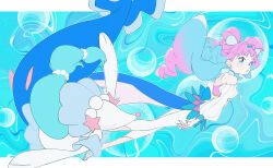  1girl 35kawaiiprpr absurdres blue_eyes blue_hair bubble commentary creatures_(company) crossover cure_la_mer eyelash_ornament from_side game_freak gen_7_pokemon gradient_hair highres laura_la_mer long_hair long_sleeves looking_at_viewer magical_girl miniskirt multicolored_clothes multicolored_eyes multicolored_hair multicolored_shirt multicolored_skirt nintendo off-shoulder_shirt off_shoulder open_mouth pantyhose pearl_hair_ornament pink_eyes pink_hair pokemon pokemon_(creature) precure primarina shirt skirt swimming tropical-rouge!_precure underwater very_long_hair white_pantyhose 