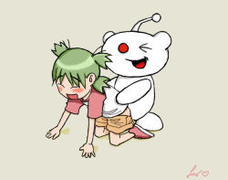  1girl 4chan blush clothed_sex doggystyle flat_chest happy_sex koiwai_yotsuba loli looking_at_viewer mascot mascots monster one_eye_closed open_mouth quad_tails reddit sex sex_from_behind simple_background smile snoo wink yotsubato!  rating:Explicit score:51 user:usernam